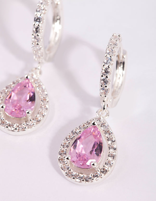 Silver & Pink Cubic Zirconia Huggie Earrings