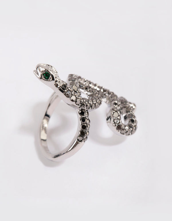 Silver Black Diamante Snake Swirl Ring