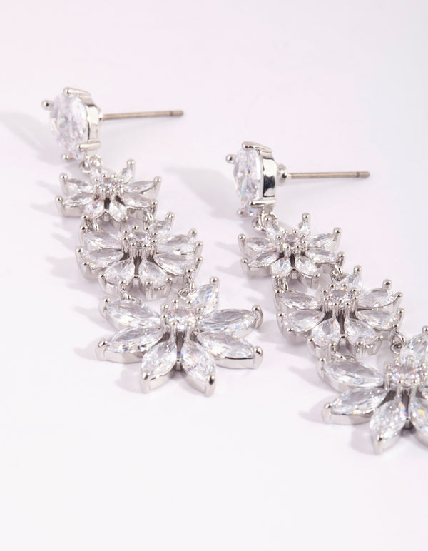 Silver Cubic Zirconia Flower Drop Earrings