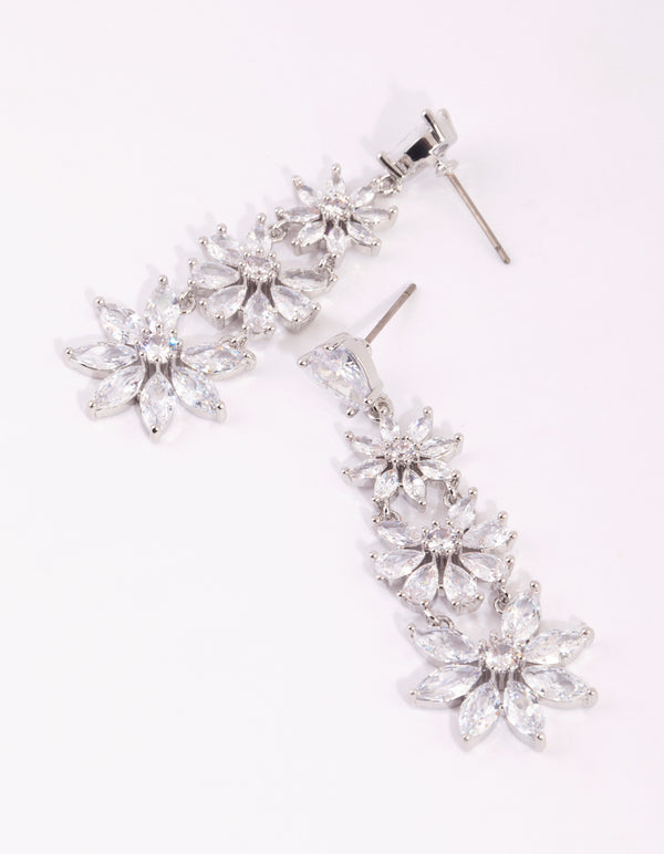 Silver Cubic Zirconia Flower Drop Earrings