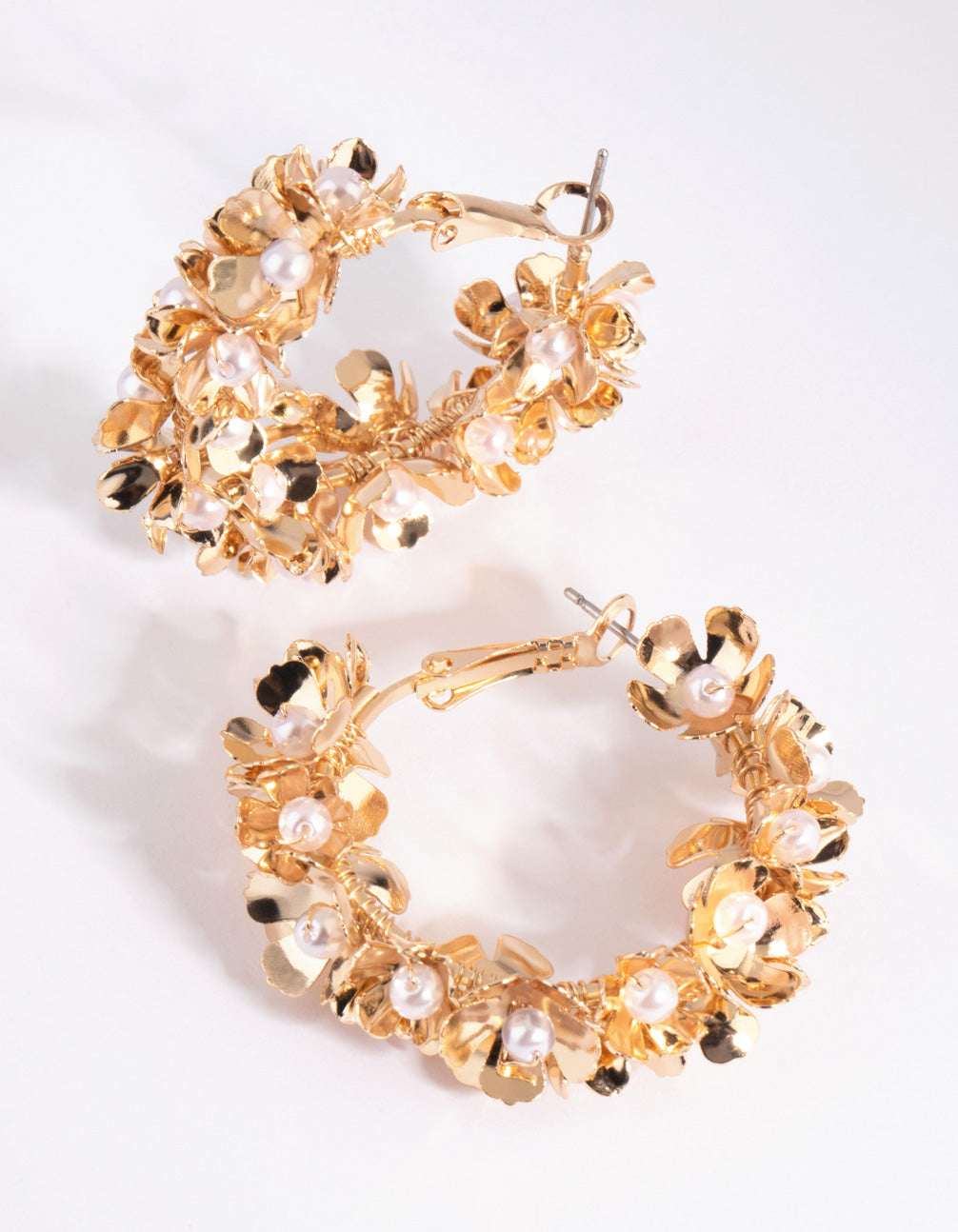 Gold Pearl Flower Hoop Earrings