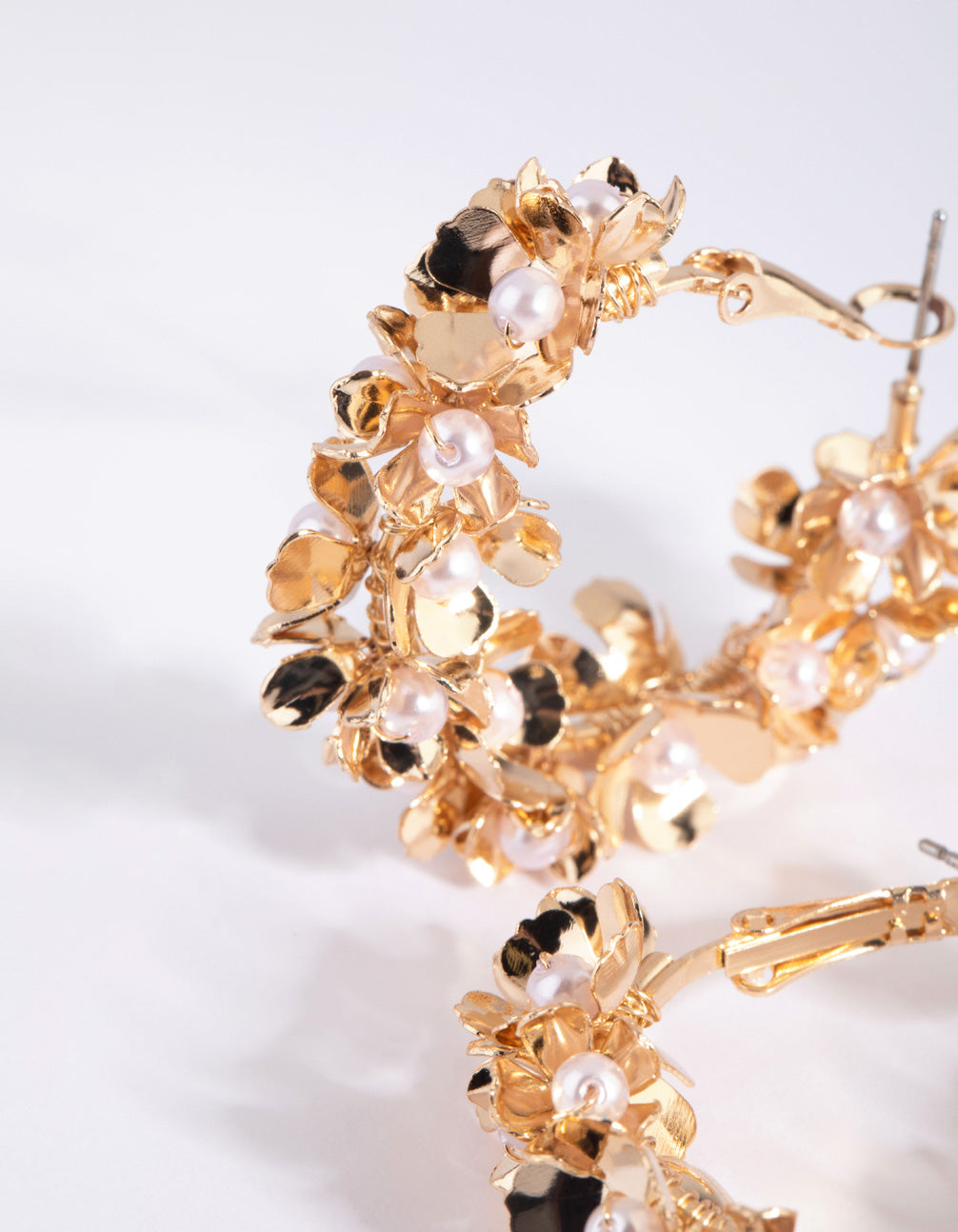 Gold Pearl Flower Hoop Earrings