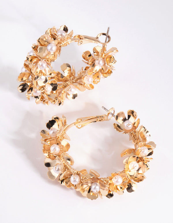 Gold Pearl Flower Hoop Earrings