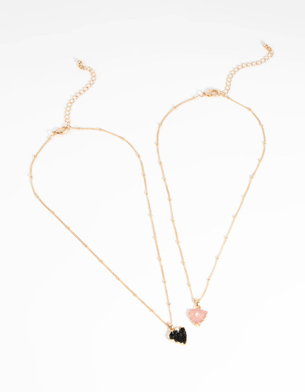 Gold Black & Pink Druzy Necklace Set