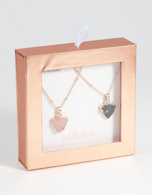 Gold Black & Pink Druzy Necklace Set