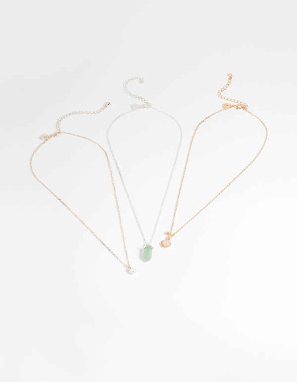 Mixed Metal Semi-Precious Pearl Necklace Set