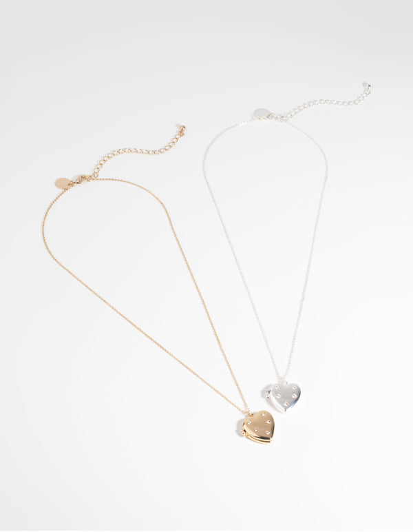 Mixed Metal Diamante Heart Locket Necklace Set