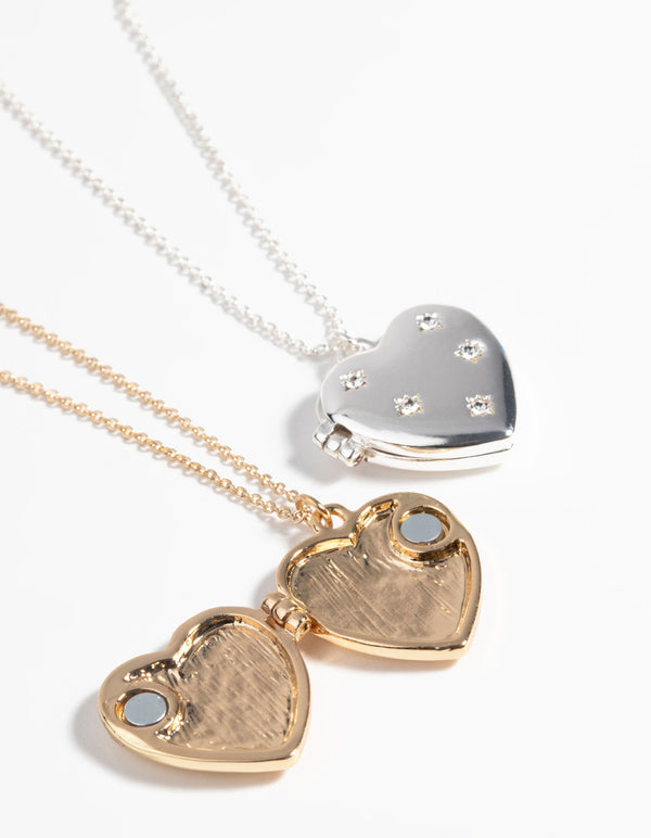 Mixed Metal Diamante Heart Locket Necklace Set