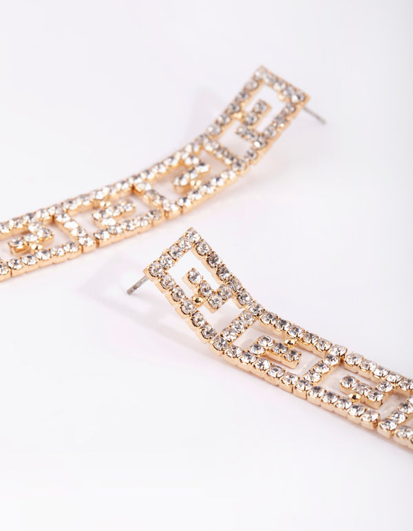 Gold Diamante Greek Key Drop Earrings