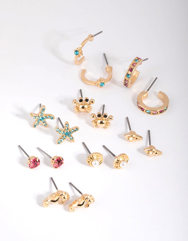 Gold Under the Sea Stud Earring 8-Pack