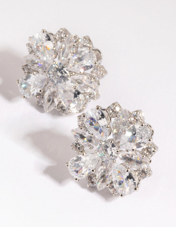 Silver Cubic Zirconia Flower Stud Earrings