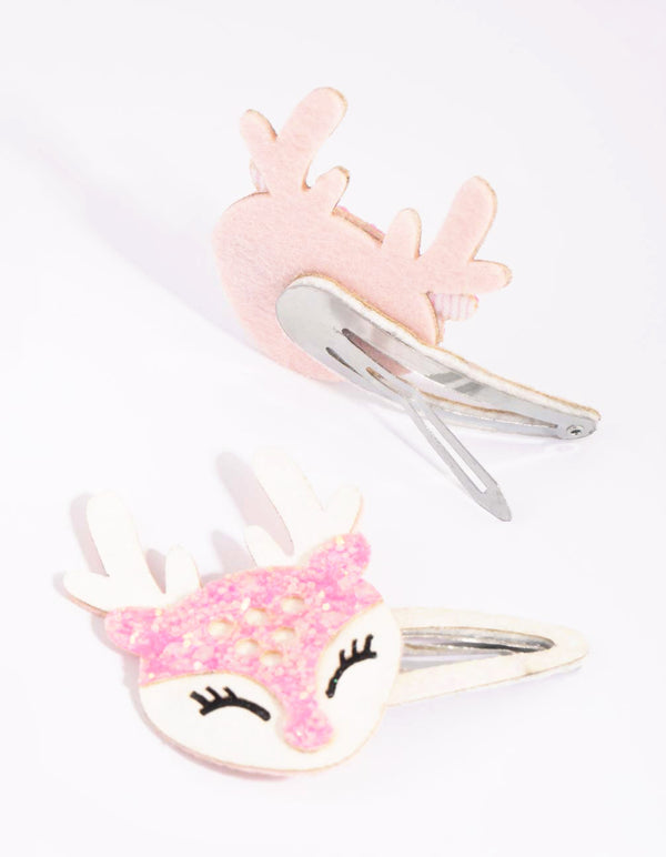 Kids Festive Pink Reindeer Snap Clips