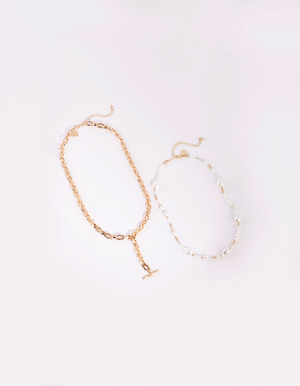 Gold & White Pearl Chain Fob Necklace