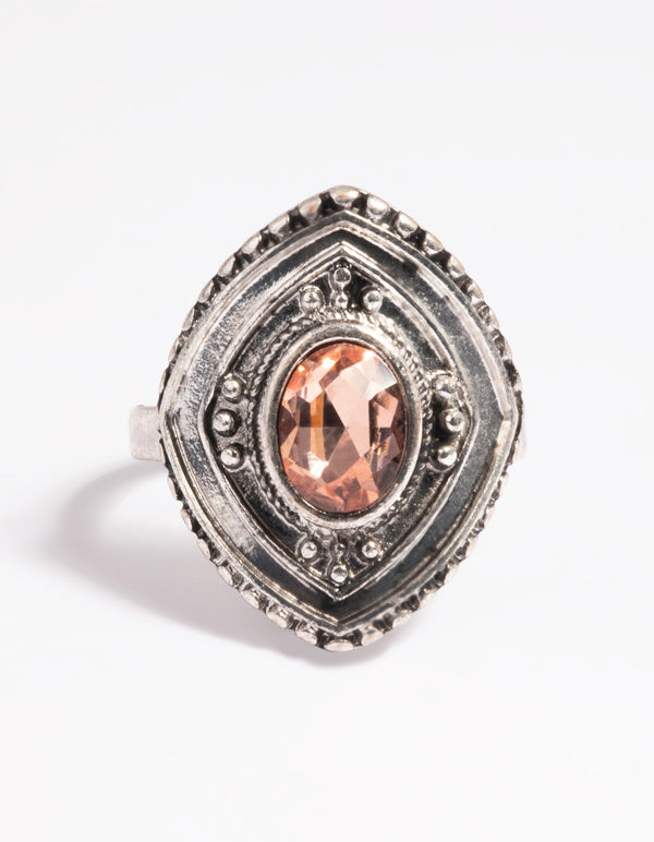 Gunmetal Oval Ring with Pink Stone