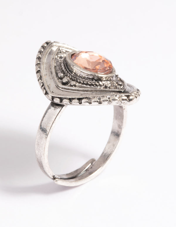 Gunmetal Oval Ring with Pink Stone