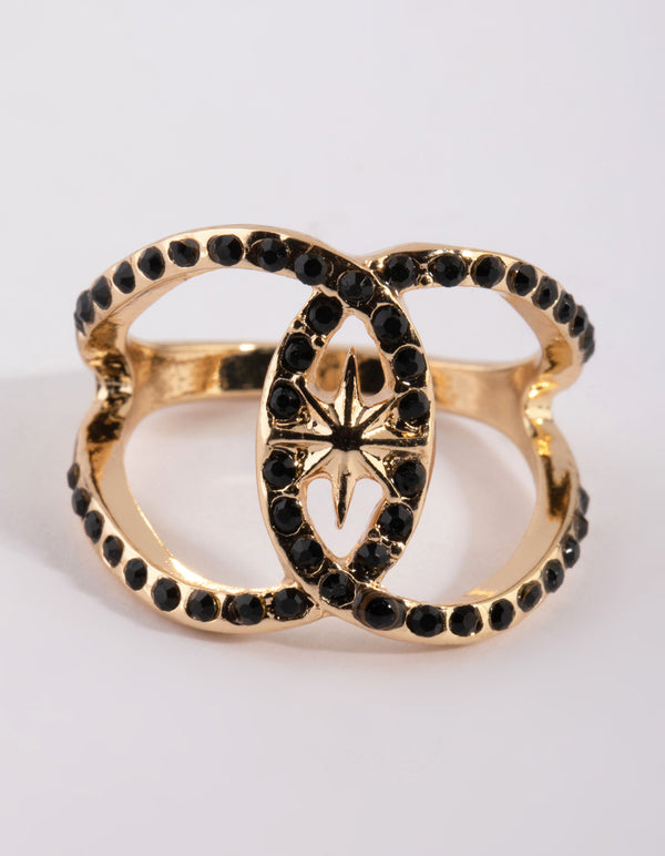 Gold & Black Diamante Ring
