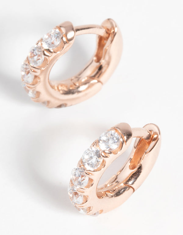 Rose Gold Plated Sterling Silver Diamante Huggie Hoop Earrings