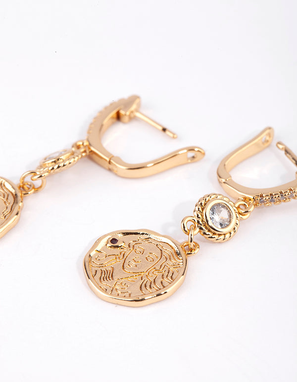 Gold Plated Coin Huggie Hoop Earrings with Cubic Zirconia