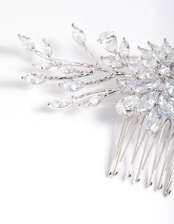 Rhodium Cubic Zirconia Floral Milky Way Comb