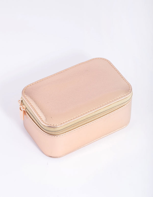 Rose Gold Shiny Faux Leather Rectangle Jewellery Box