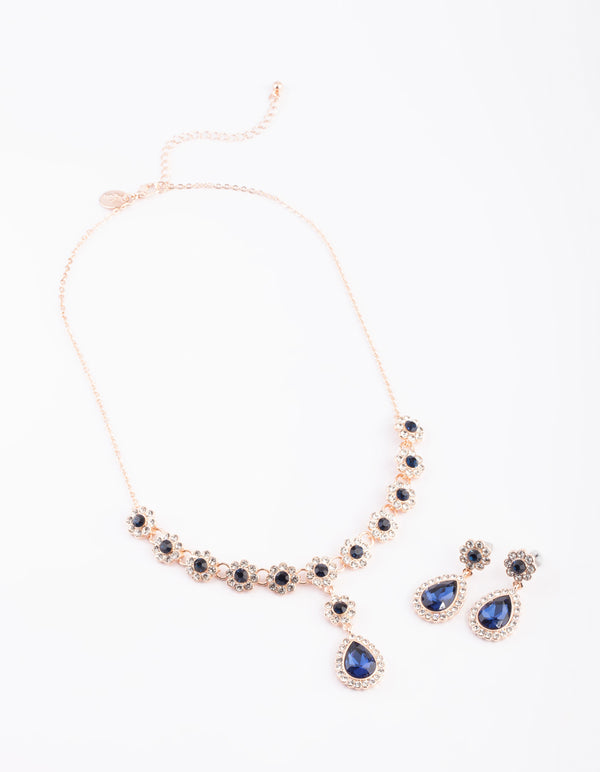Rose Gold Diamante Flower Necklace & Earrings Set