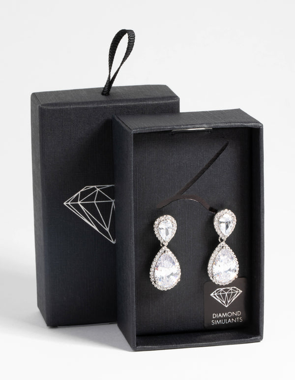 Silver Diamond Simulant Classic Teardrop Earrings