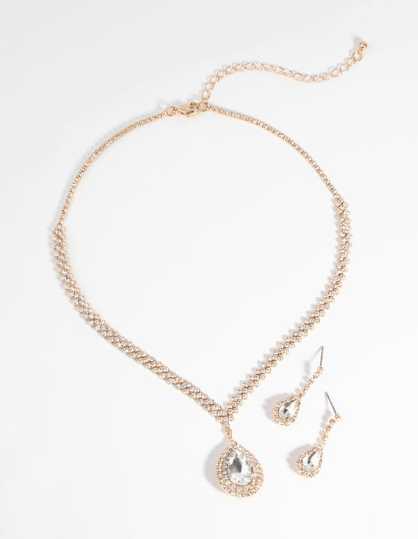 Gold Diamond Simulant Teardrop Necklace & Earrings Set