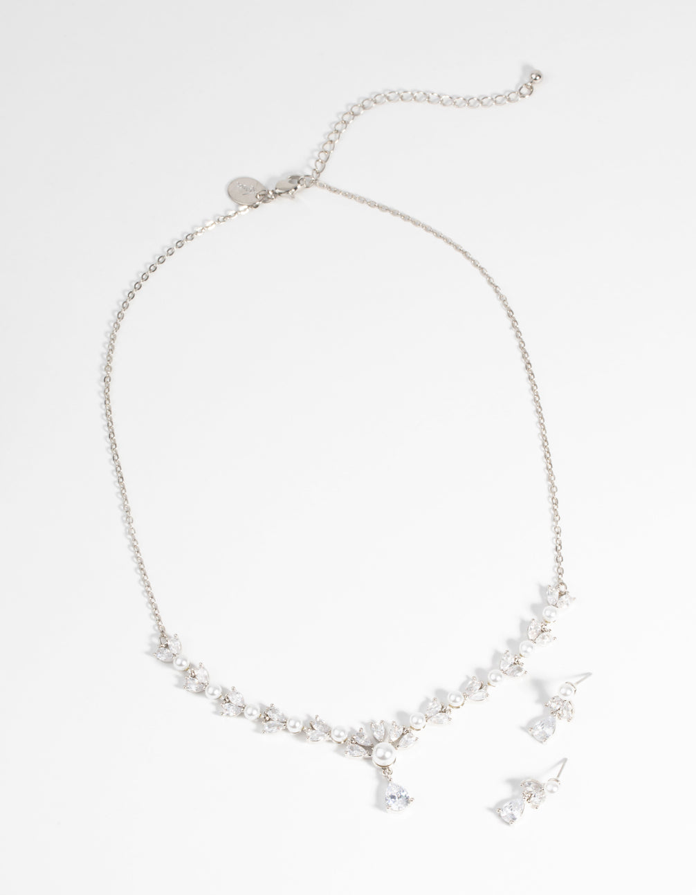 Rhodium Diamond Simulant Teardrop Necklace & Earrings