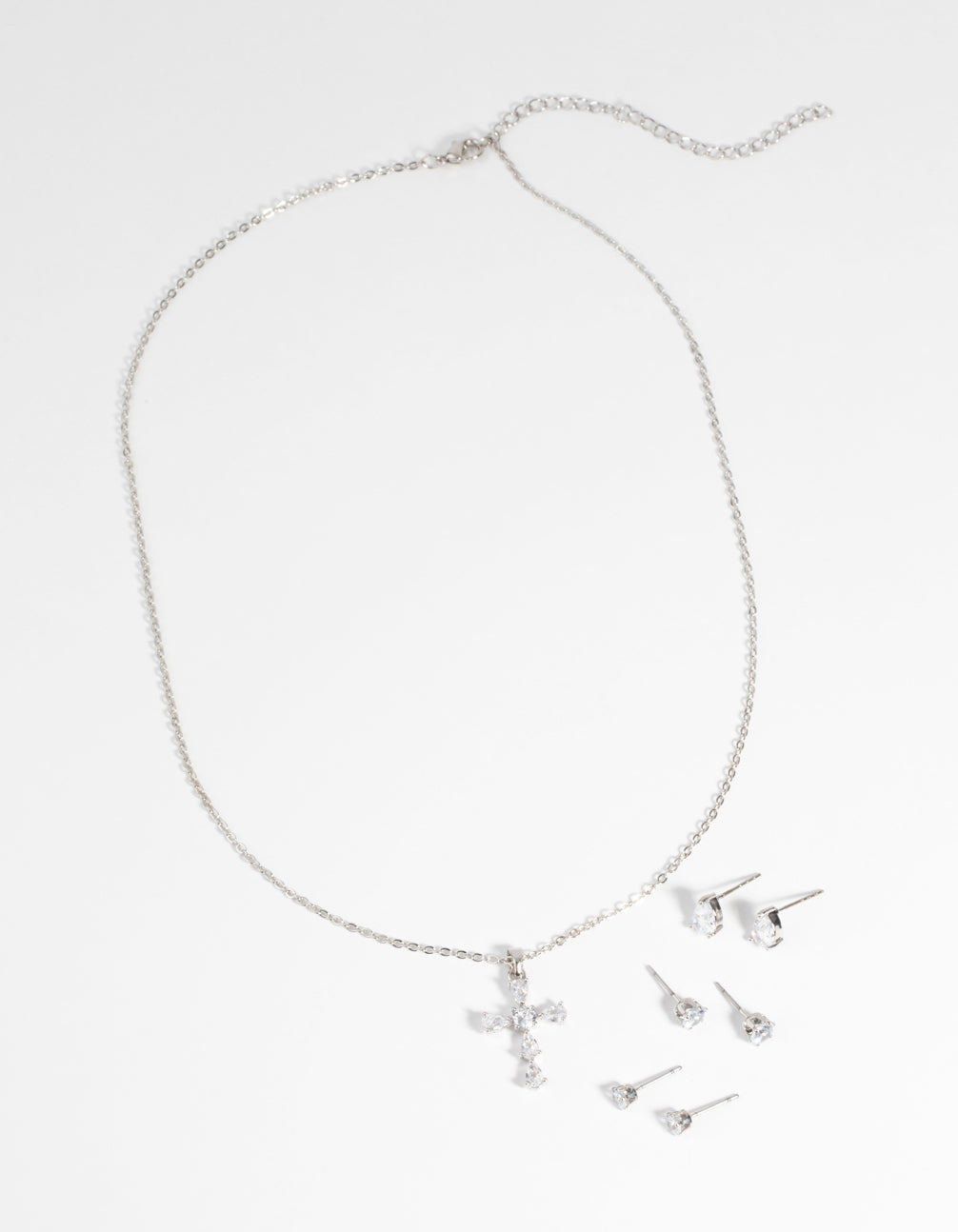 Rhodium Diamond Simulant Cross Necklace & Earrings Set