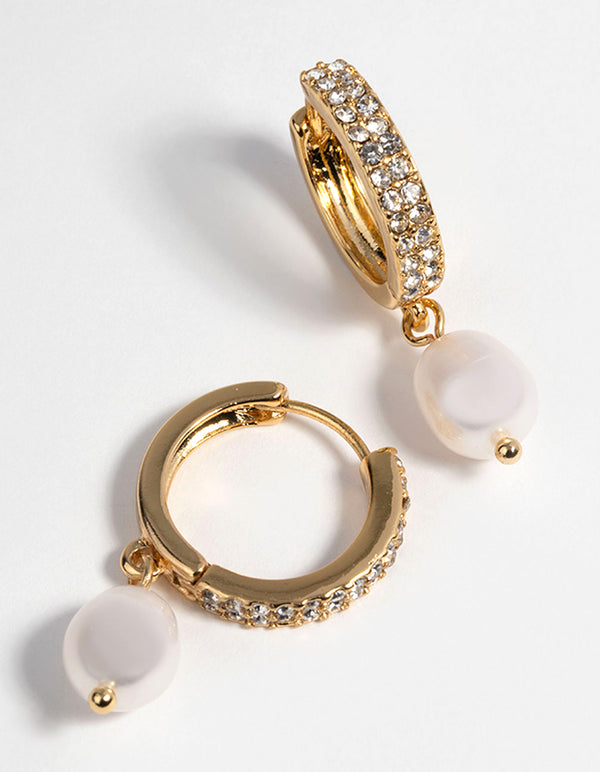 Gold Plated Huggie Hoop Earrings with Freshwater Pearls