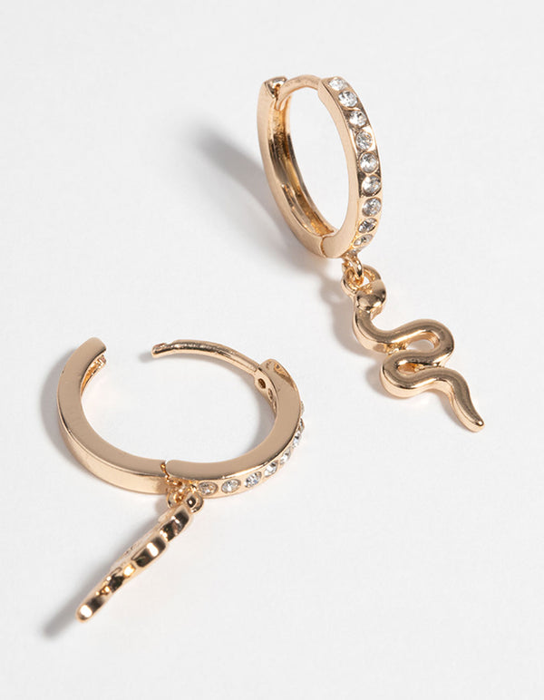 Gold Snake & Diamante Huggie Hoop Earrings