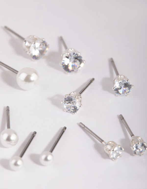 Silver Cubic Zirconia & Pearl Stud Earring 6-Pack