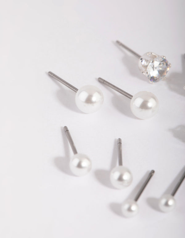 Silver Cubic Zirconia & Pearl Stud Earring 6-Pack
