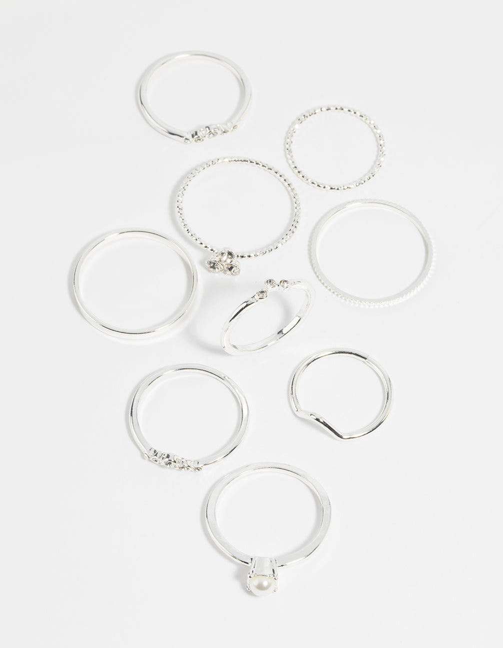 Silver Pearl & Diamante Ring 9-Pack
