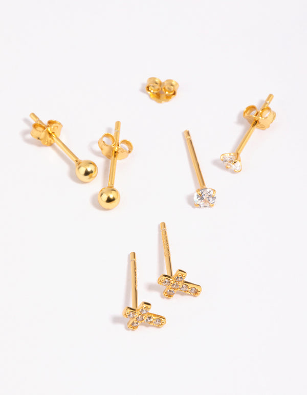 Gold Plated Sterling Silver Cross & Diamante Stud Earring Pack