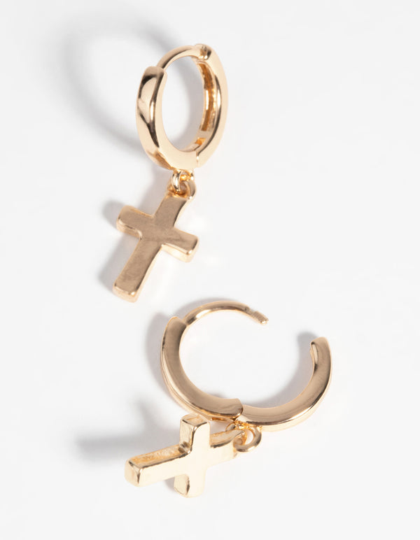 Gold Cross Huggie Hoop Earrings