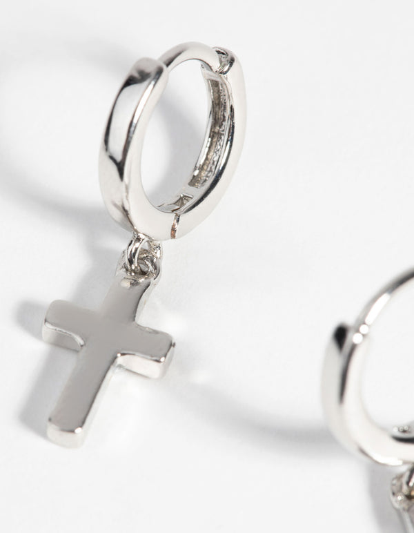 Silver Cross Huggie Hoop Earrings