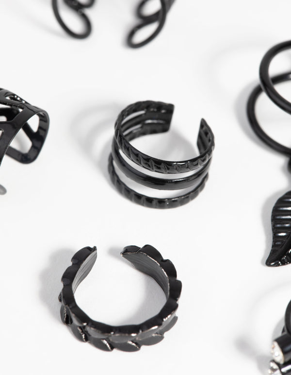 Matte Black Textured Leaf Ear Cuff Earring 6-Pack