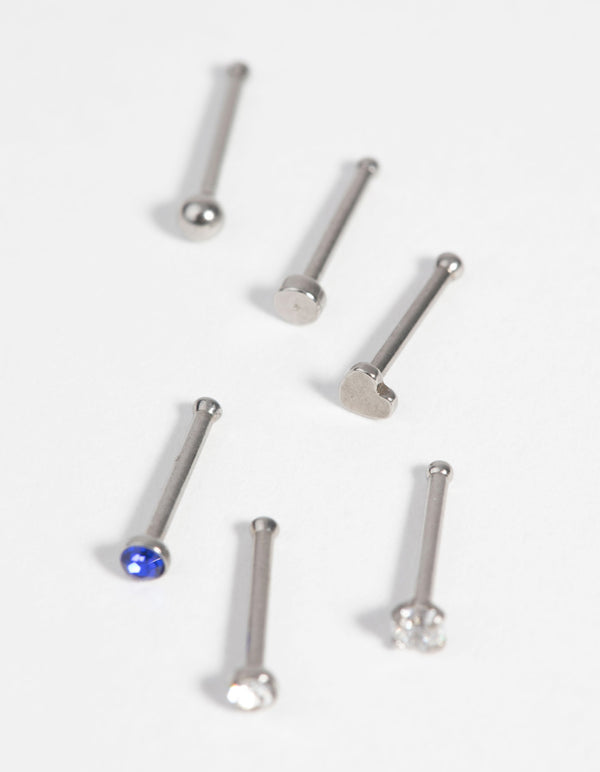 Surgical Steel Heart Nose Stud with Diamante 6-Pack