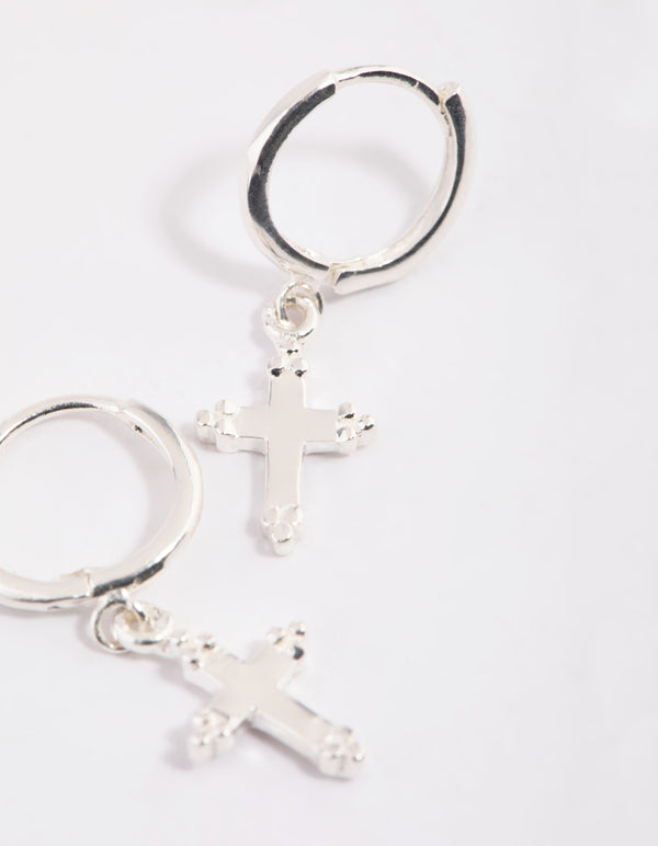 Sterling Silver Cross Huggie Hoop Earrings