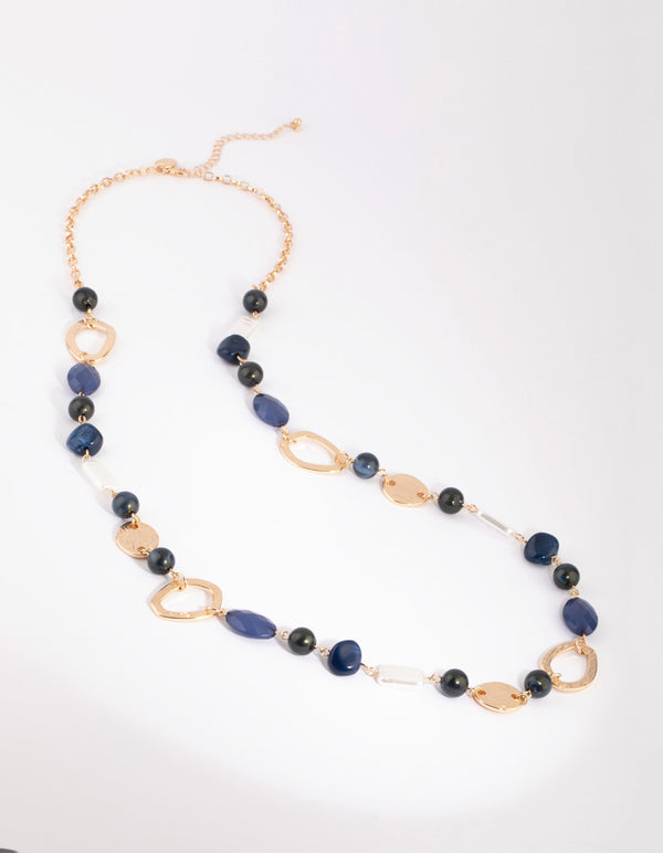 Gold & Blue Pearl & Bead Long Necklace
