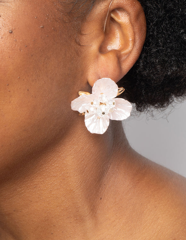 Pink Pearlised Flower Stud Earrings