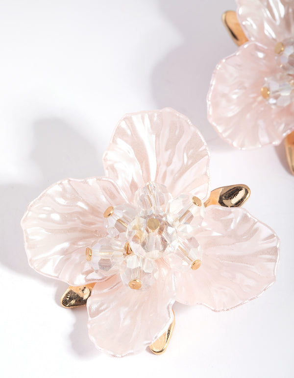 Pink Pearlised Flower Stud Earrings