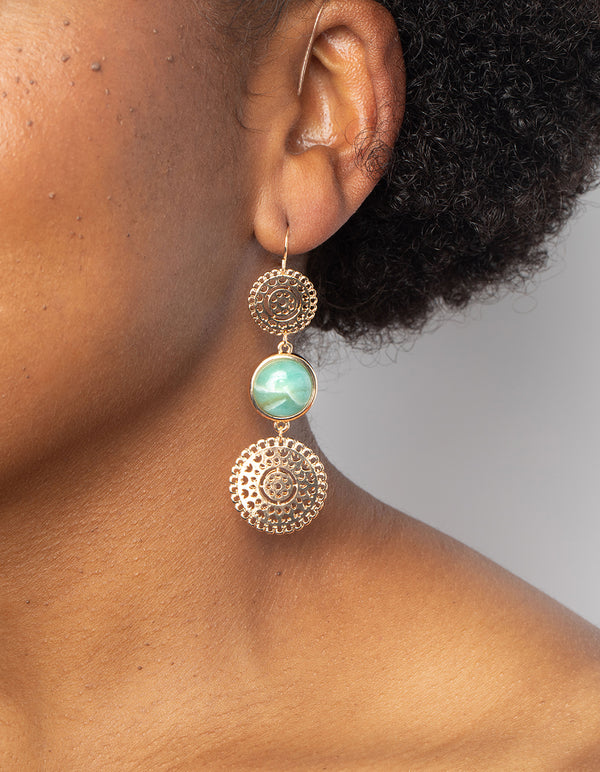 Gold Disc Drop Earrings with Amazonite