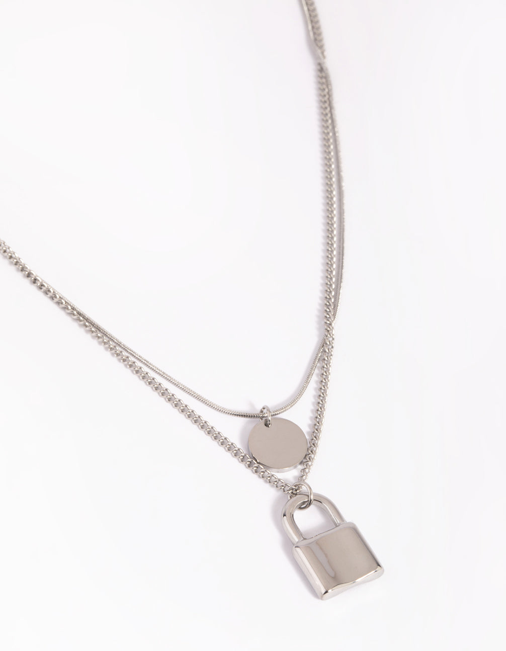 Waterproof Stainless Steel Disc & Padlock Layered Necklace