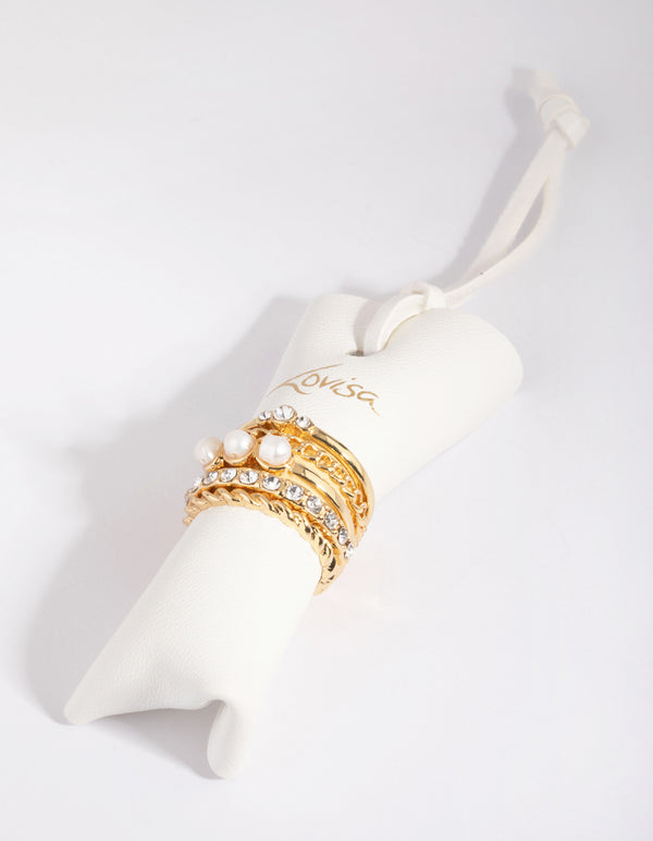 Gold Plated Diamante & Freshwater Pearl Ring 5-Pack