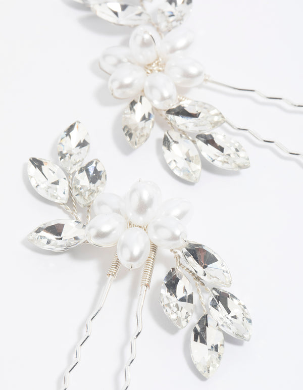 Silver Pearl Flower Diamante Pin Pack