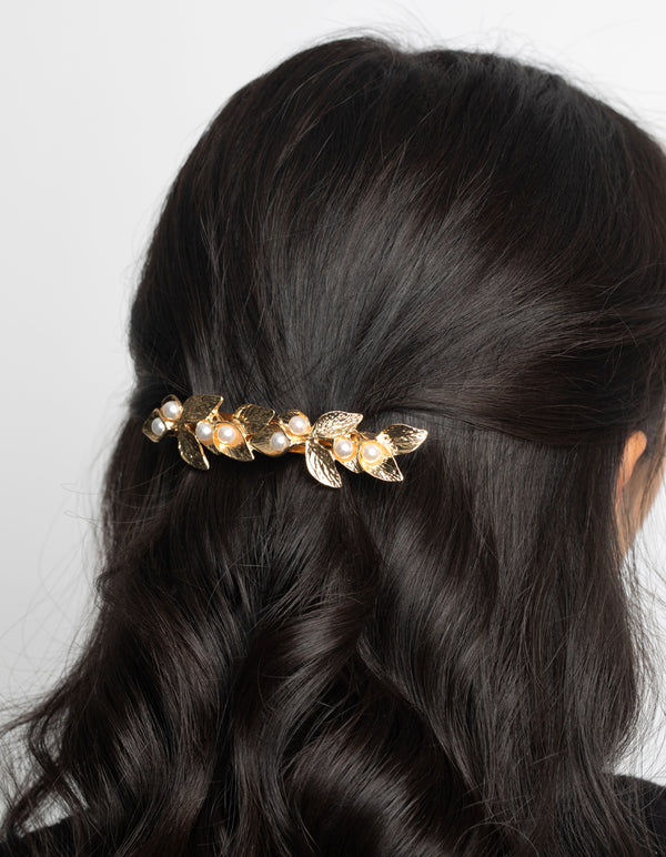 Gold Leaf & Pearl Barette Clip