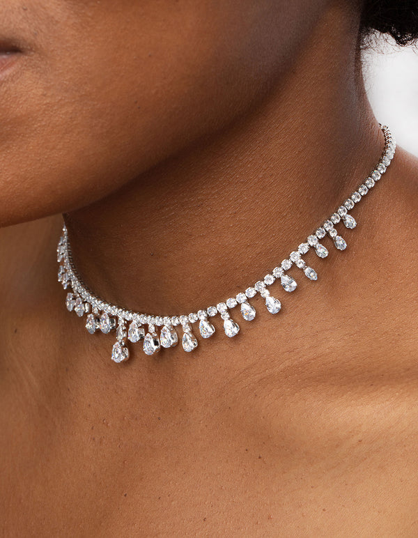 Silver Cubic Zirconia Droplet Choker