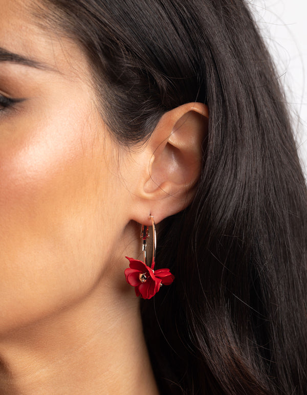Red Flower Hoop Earrings